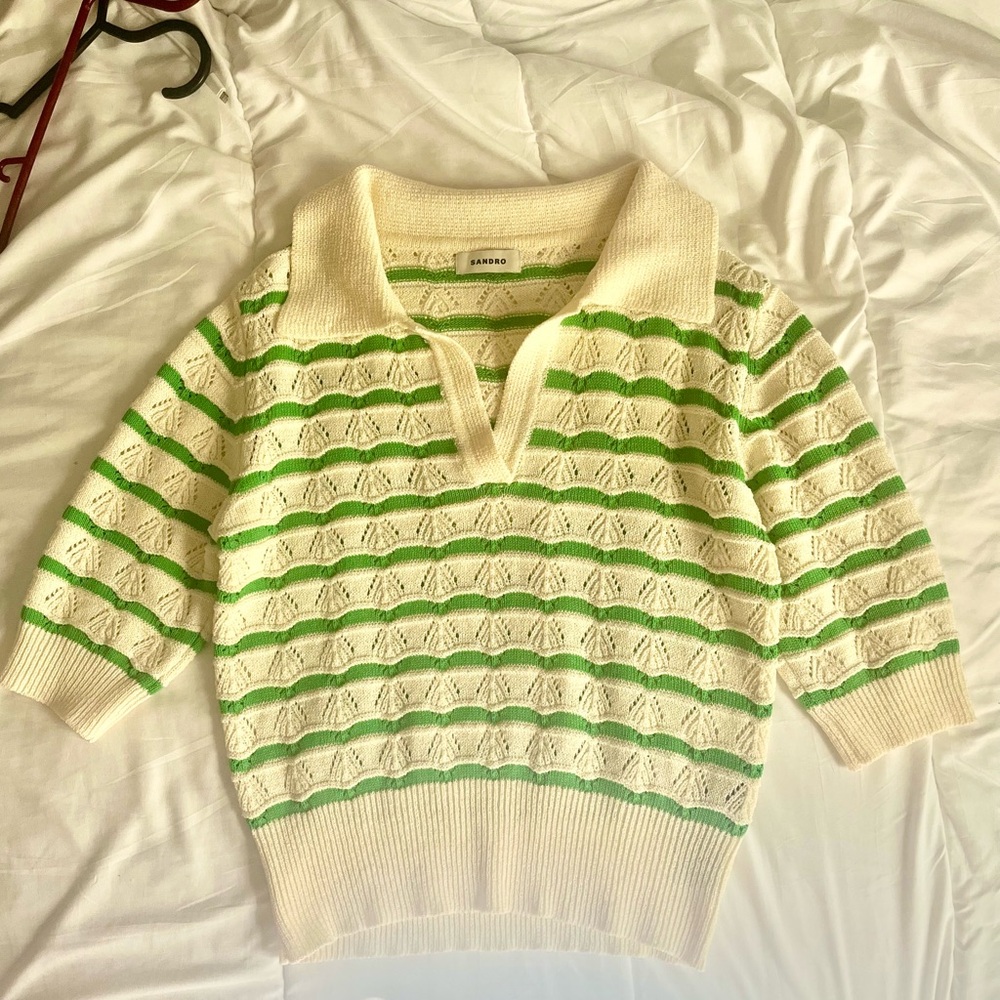 Sandro V-Neck Crochet Sweater in Cream and Green size 6 US